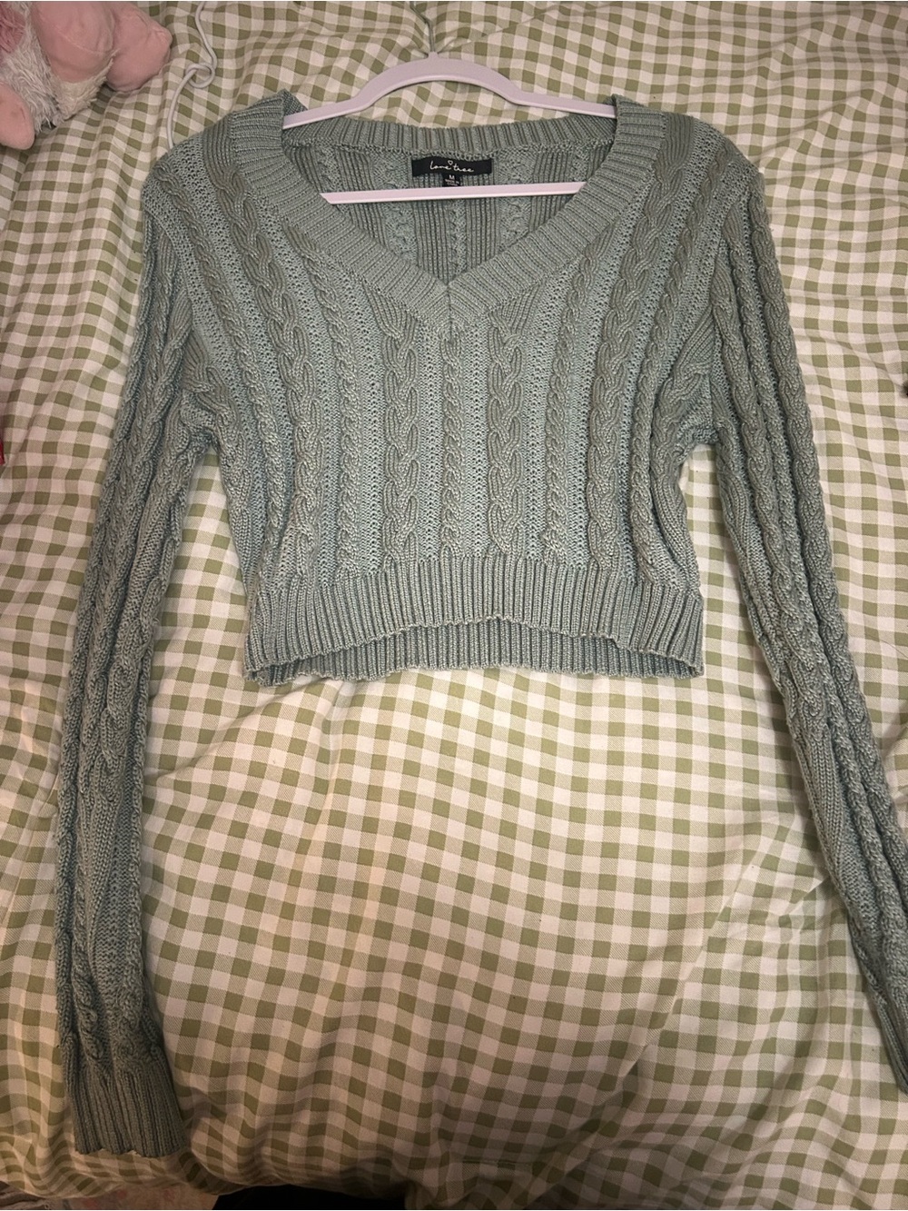 Light Sage Green Cable Knit V-Neck Cropped Sweater
